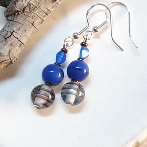 Artisan Beadwork Blue Glass Dangle French Hook earrings Silver earrings 429■